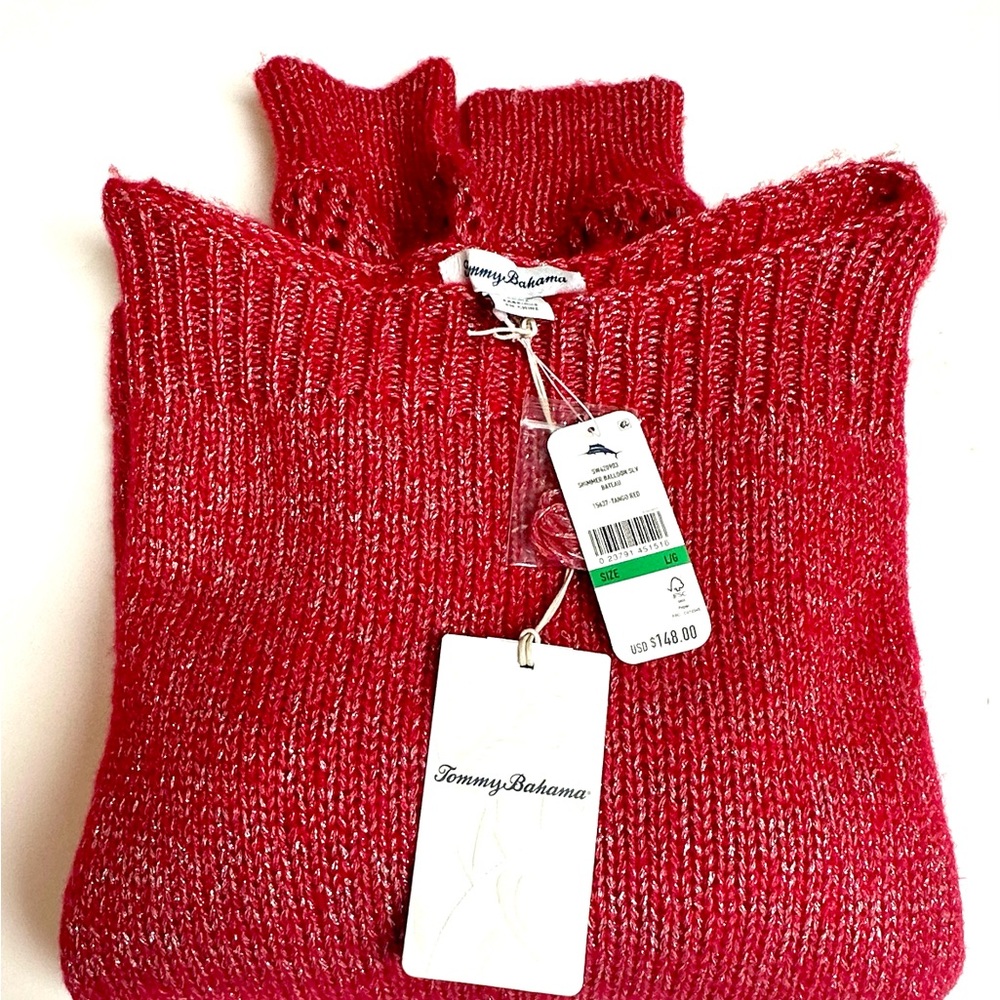 Tommy Bahama Wool Blend Shimmer Ballon Sleeve Tango Red Sweater size Large NWT - Picture 9 of 10